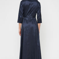 Portrait Collar Stretch Taffeta Dress with High Low Hem and Tie Belt