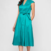 Petite Short V-Neck Stretch Taffeta Dress with A-Line Skirt and Tie Waist Detail