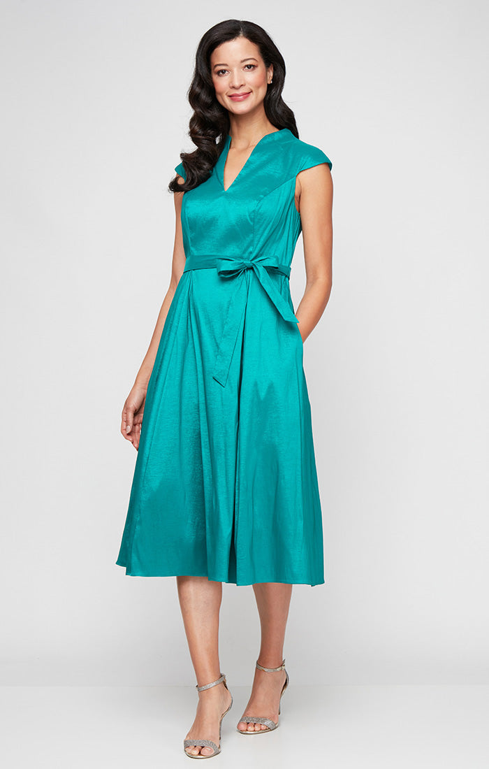 Regular - Stretch Taffeta Party Dress with A-Line Skirt & Tie Waist Detail