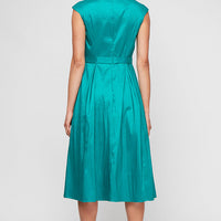 Petite Short V-Neck Stretch Taffeta Dress with A-Line Skirt and Tie Waist Detail