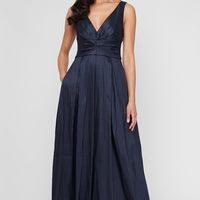 Long Stretch Taffeta Sleeveless Dress with V-Neckline