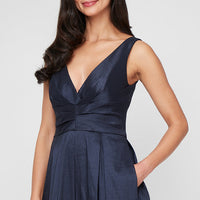 Long Stretch Taffeta Sleeveless Dress with V-Neckline