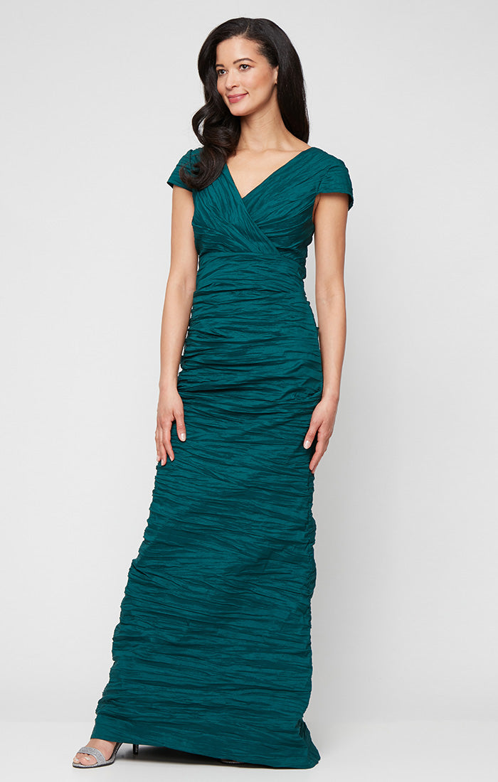 Long Crinkle Stretch Taffeta Dress with Surplice Neckline, Empire Waist and Cap Sleeves