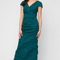 Petite Long Crinkle Stretch Taffeta Dress with Surplice Neckline, Empire Waist and Cap Sleeves