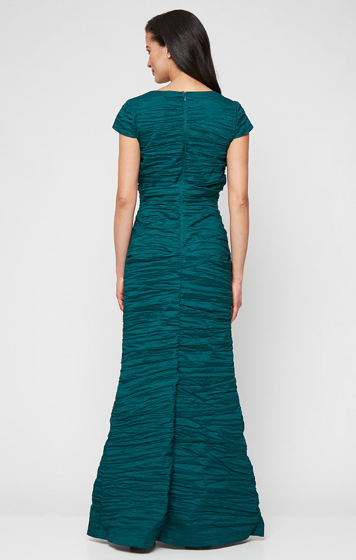 Long Crinkle Stretch Taffeta Dress with Surplice Neckline, Empire Waist and Cap Sleeves