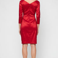 Short Stretch Taffeta Sheath Dress with Surplice Neckline, Cascade Skirt and Embellishment Detail at Hip
