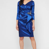 Short Stretch Taffeta Sheath Dress with Surplice Neckline, Cascade Skirt and Embellishment Detail at Hip