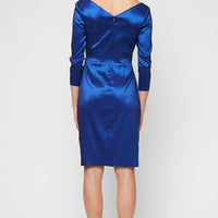 Short Stretch Taffeta Sheath Dress with Surplice Neckline, Cascade Skirt and Embellishment Detail at Hip