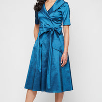 Midi Stretch Taffeta Portrait Collar Dress with Elbow Sleeves and Tie Waist Detail
