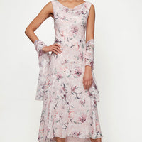 Petite Tea-Length Cowl Neck Printed Dress with High/Low Skirt and Shawl
