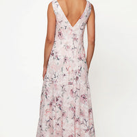Tea-Length Cowl Neck Printed Chiffon Dress with High/Low Skirt and Shawl