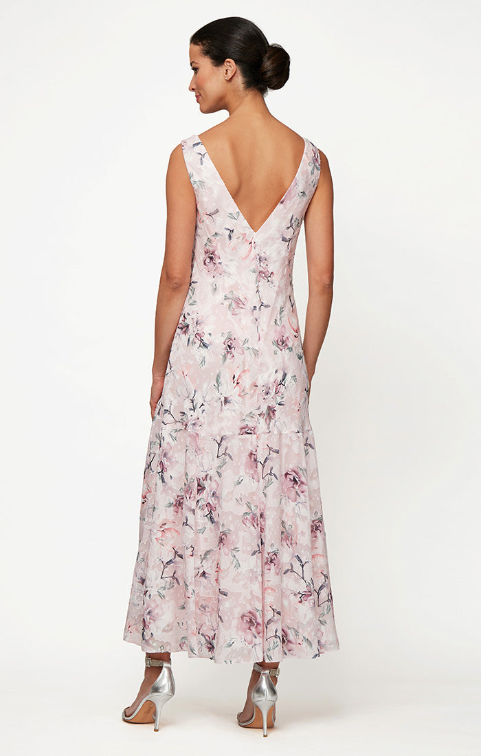 Petite Tea-Length Cowl Neck Printed Dress with High/Low Skirt and Shawl