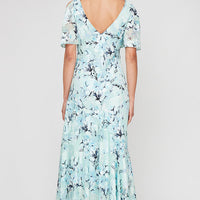 Tea-Length Chiffon Burnout V-Neck Dress with Tulip Overlay High/Low Hem and Elbow Sleeves