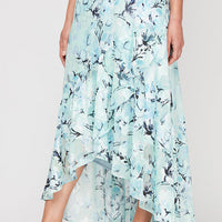 Tea-Length Chiffon Burnout V-Neck Dress with Tulip Overlay High/Low Hem and Elbow Sleeves