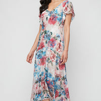 Tea Length Printed Chiffon Burnout Dress with V-Neckline and Flutter Sleeves
