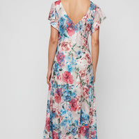 Tea Length Printed Chiffon Burnout Dress with V-Neckline and Flutter Sleeves