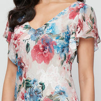 Tea Length Printed Chiffon Burnout Dress with V-Neckline and Flutter Sleeves
