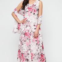 Tea-Length Floral Chiffon Cowl Neck Dress with High/Low Skirt and Shawl