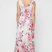 Tea-Length Floral Chiffon Cowl Neck Dress with High/Low Skirt and Shawl