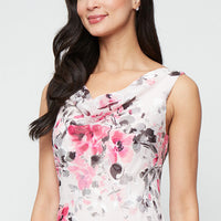 Tea-Length Floral Chiffon Cowl Neck Dress with High/Low Skirt and Shawl