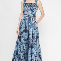 Regular - Sleeveless Printed Jacquard Dress with Square Neckline and Structured Belt