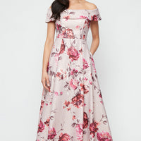 Long Printed Foil Jacquard Off-the-Shoulder Ballgown