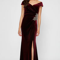 Petite Long Off the Shoulder Fit and Flare Dress With Surplice Sweetheart Neckline, Beaded Hip Detail and Front Slit