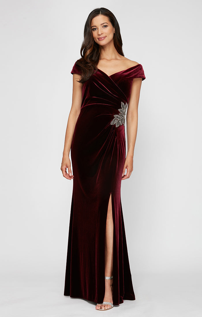 Long Off the Shoulder Fit and Flare Dress With Surplice Sweetheart Neckline, Beaded Hip Detail and Front Slit