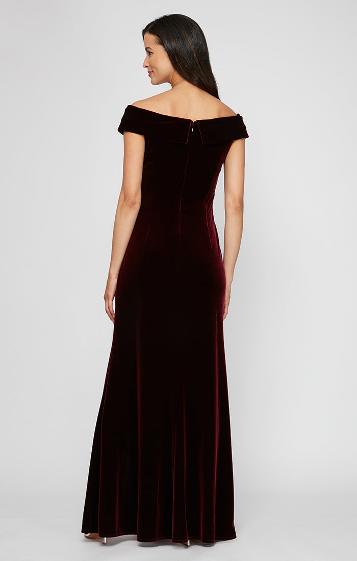 Long Off the Shoulder Fit and Flare Dress With Surplice Sweetheart Neckline, Beaded Hip Detail and Front Slit