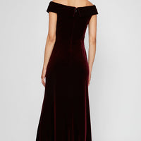 Long Off the Shoulder Fit and Flare Dress With Surplice Sweetheart Neckline, Beaded Hip Detail and Front Slit