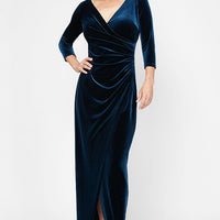 Long Surplice Neckline Velvet Dress with Tulip Overlay Hem Skirt and 3/4 Sleeves