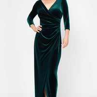 Long Surplice Neckline Velvet Dress with Tulip Overlay Hem Skirt and 3/4 Sleeves