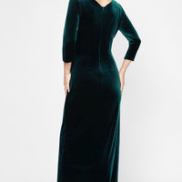 Long Surplice Neckline Velvet Dress with Tulip Overlay Hem Skirt and 3/4 Sleeves