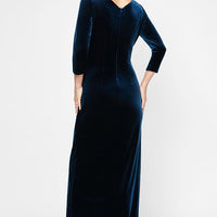 Long Surplice Neckline Velvet Dress with Tulip Overlay Hem Skirt and 3/4 Sleeves