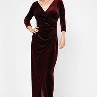 Long Surplice Neckline Velvet Dress with Tulip Overlay Hem Skirt and 3/4 Sleeves