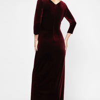 Long Surplice Neckline Velvet Dress with Tulip Overlay Hem Skirt and 3/4 Sleeves