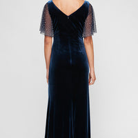 Long Fit and Flare Dress with Heat Set Illusion Flutter Sleeves and Front Slit
