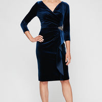 Short Velvet Sheath Dress with Surplice Neckline, Cascade Skirt and Embellishment Detail at Hip