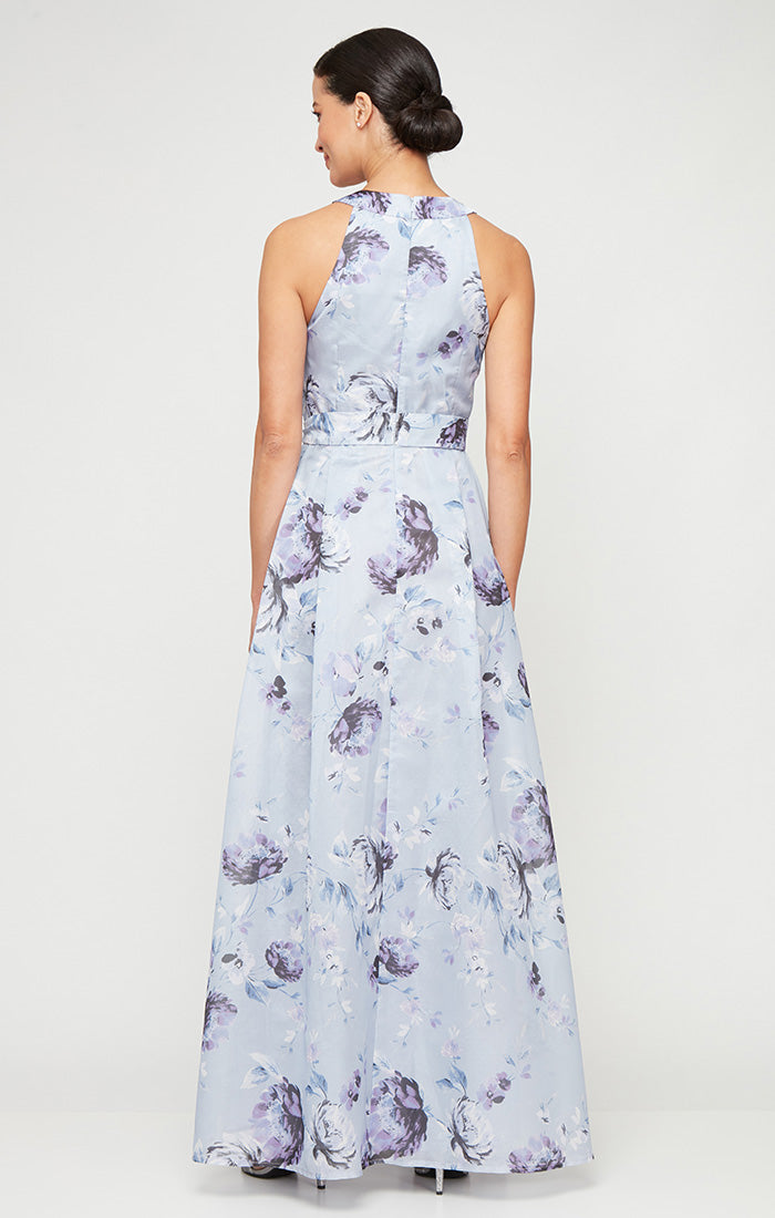 Petite - Long Printed Shimmer Organza Dress with Halter Neckline, Full Skirt and Tie Belt