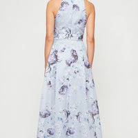 Petite - Long Printed Shimmer Organza Dress with Halter Neckline, Full Skirt and Tie Belt