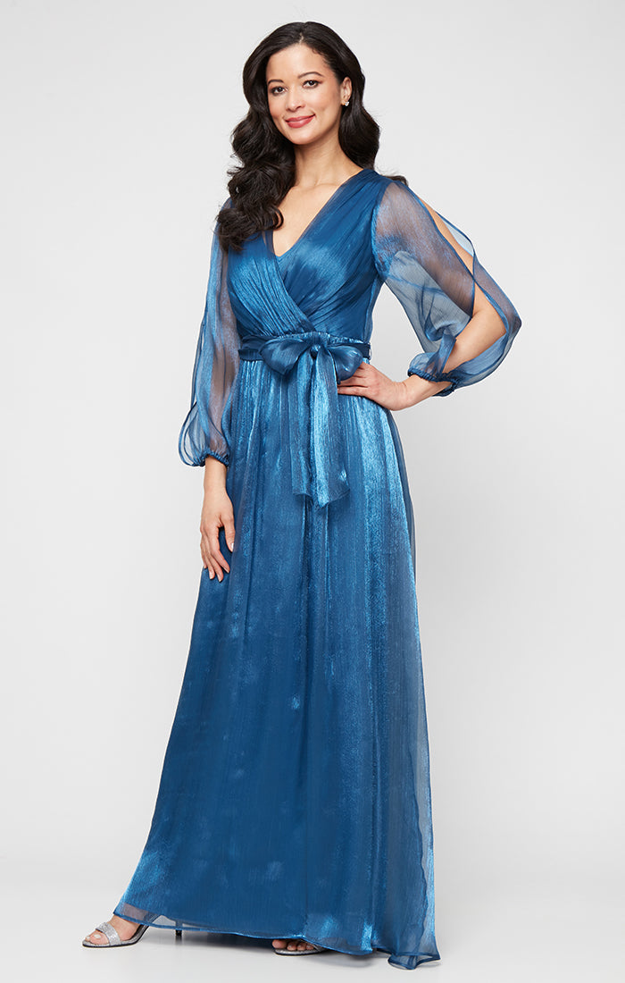 Long Surplice Yoryu Dress with Illusion Bubble Hem Sleeves and Structured Belt