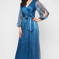 Plus Long Surplice Yoryu Dress with Illusion Bubble Hem Sleeves and Structured Belt