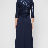 Long Scuba Crepe Jacket Dress with Sequin Bodice & Collared Jacket, Square Neckline and Front Slit