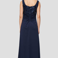 Long Scuba Crepe Jacket Dress with Sequin Bodice & Collared Jacket, Square Neckline and Front Slit