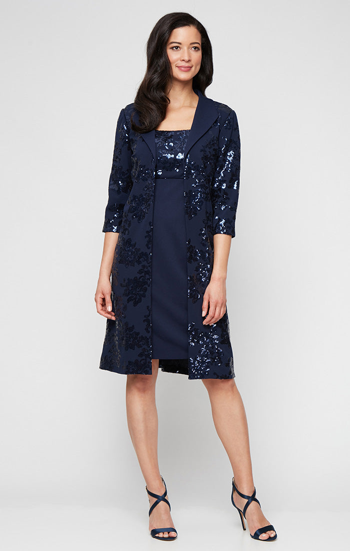 Short Stretch Scuba Crepe Jacket Dress with Sequined Bodice and Elonated Collared Jacket