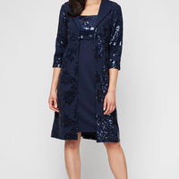Short Stretch Scuba Crepe Jacket Dress with Sequined Bodice and Elonated Collared Jacket
