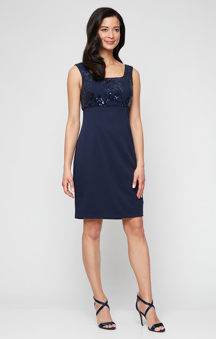 Short Stretch Scuba Crepe Jacket Dress with Sequined Bodice and Elonated Collared Jacket