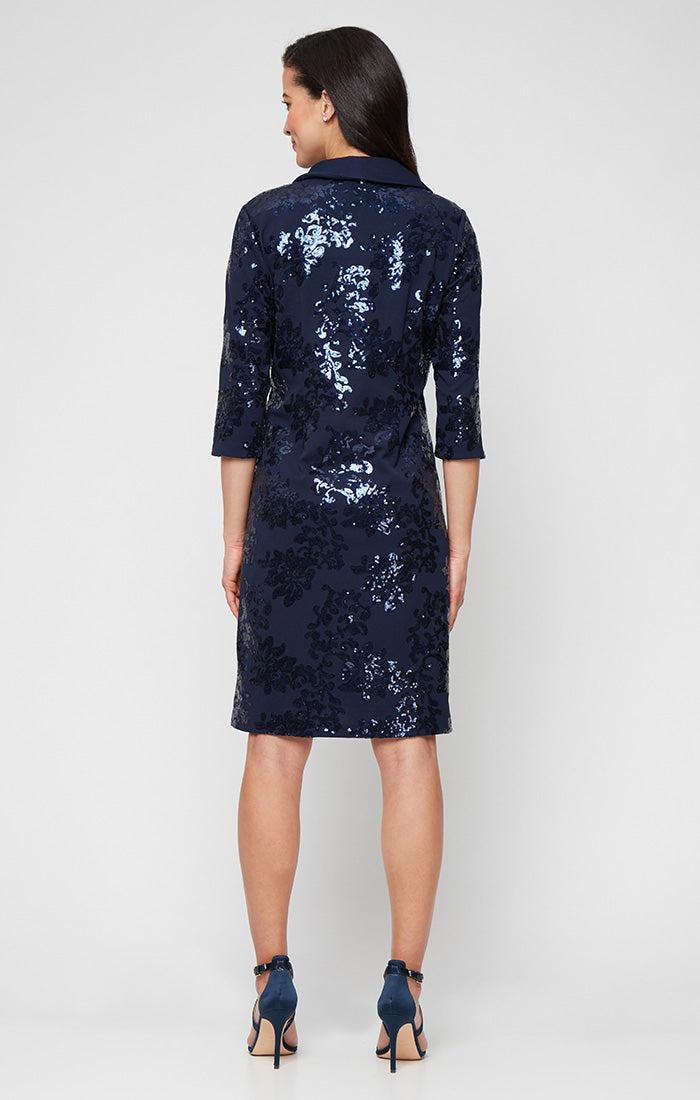 Short Stretch Scuba Crepe Jacket Dress with Sequined Bodice and Elonated Collared Jacket