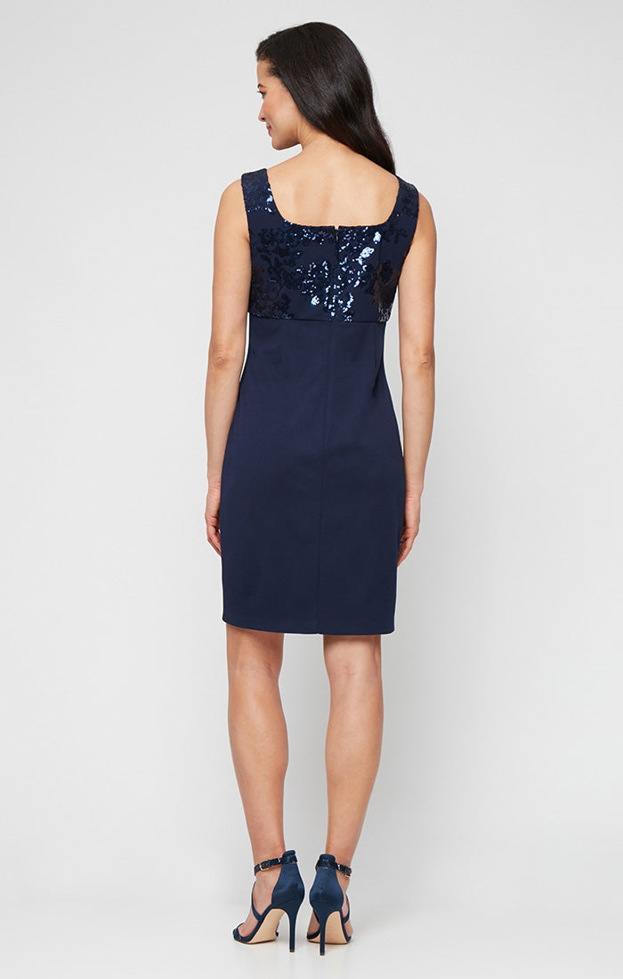 Short Stretch Scuba Crepe Jacket Dress with Sequined Bodice and Elonated Collared Jacket