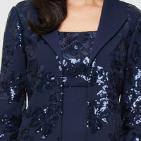 Short Stretch Scuba Crepe Jacket Dress with Sequined Bodice and Elonated Collared Jacket